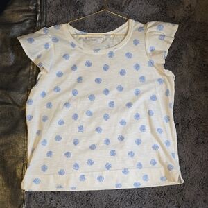 Jane and Delancey Cream and Blue Polka Dot Shell Flutter Sleeve Blouse Large